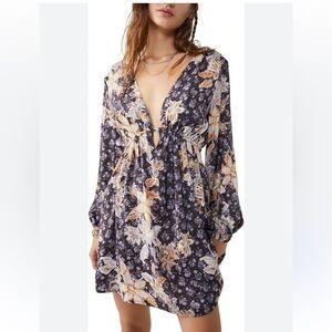 NWT Free People Soli Mini Night Combo Silk Dress Long Sleeve Short Print Size Sm